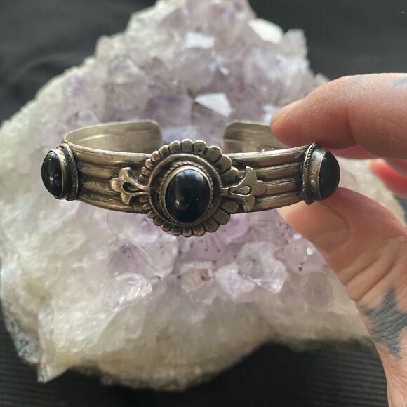 Vintage Sterling Silver Triple Onyx Stone Cuff Bracelet. Trading Post. 925. - Picture 14 of 16